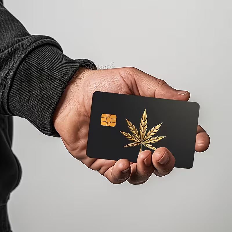 Gold cannabis leaf card skin sticker on matte black credit card