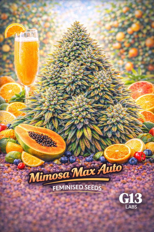 A bright Mimosa Max Auto cannabis plant with vibrant citrus fruits and a mimosa cocktail, with the strain name and G13 Labs logo visible.