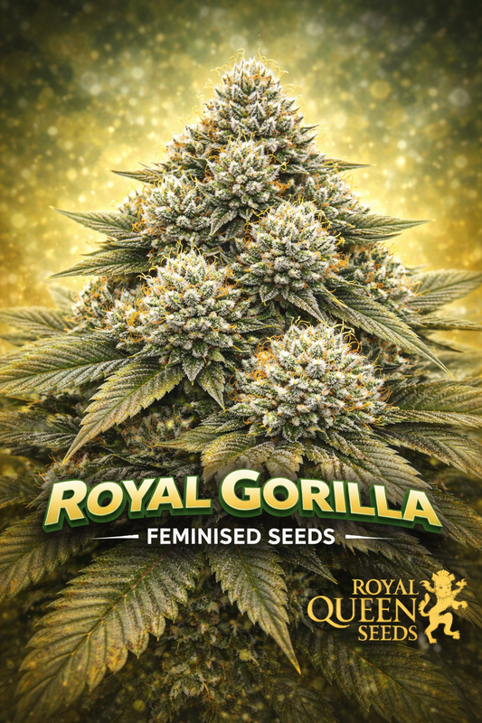 Hyper-realistic close-up of a frosty Royal Gorilla cannabis plant with dense green buds coated in trichomes and bright orange pistils, set against a warm golden bokeh background. Bold “Royal Gorilla Feminised Seeds” text appears at the bottom with the Royal Queen Seeds logo.