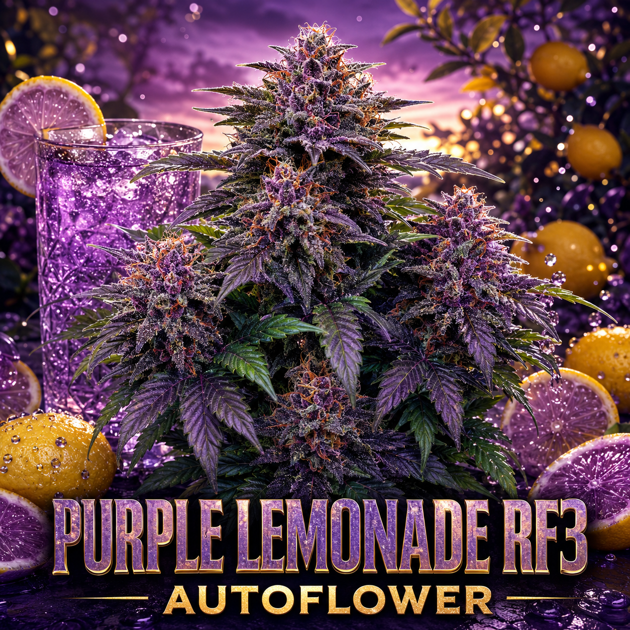 Purple lemonade autoflower cannabis flower buds arranged with a glass of purple drink, orange slices, and a purple gradient background. Text at the bottom reads 'PURPLE LEMONADE RF3 AUTOFLOWER'.