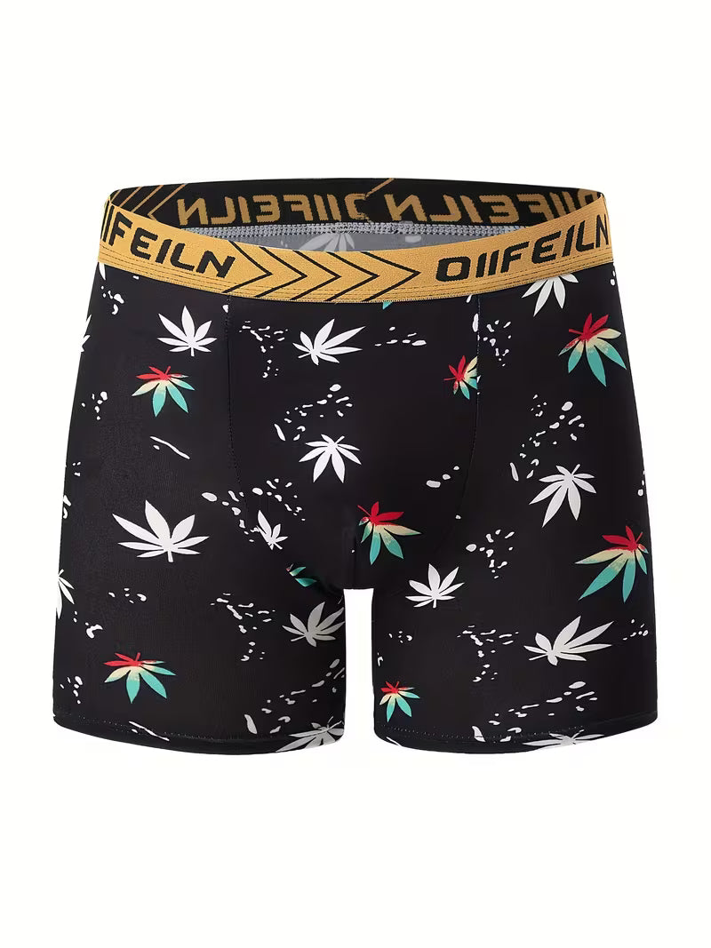 Men’s cannabis leaf print boxer briefs six-pack with assorted graphic designs
