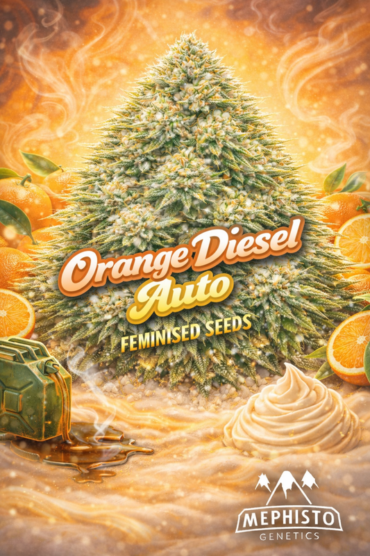 orange diesel auto feminised seeds image — hyper-realistic frosty cannabis plant with vibrant orange-tinted buds and green foliage, energetic orange background with swirling haze, sliced oranges and whole oranges around edges, small diesel canister pouring dark liquid for subtle fuel cue, whipped cream swirl, bold orange diesel auto text, mephisto genetics logo, uk-compliant promotional artwork for laughing leaf seeds
