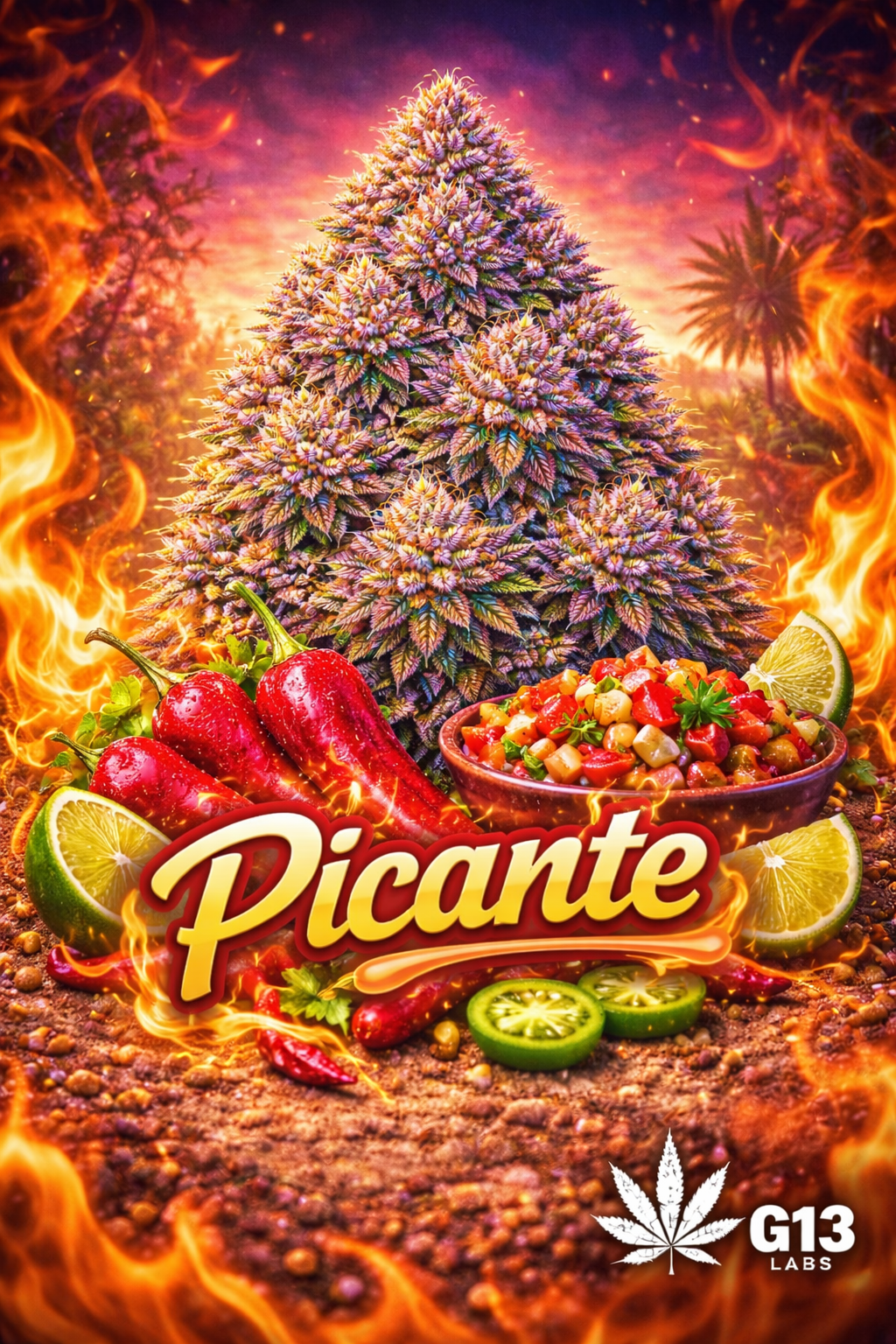 Hyper-realistic promotional artwork for Picante Feminised Seeds by G13 Labs, featuring a fiery-themed cannabis plant with frosty multicoloured buds surrounded by flames, red chilli peppers, lime slices, and a vibrant bowl of pico de gallo, with bold strain text and the G13 Labs logo at the bottom.