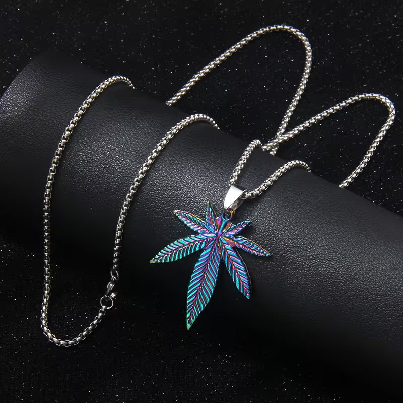 Rainbow cannabis leaf pendant necklace with iridescent finish on stainless steel chain