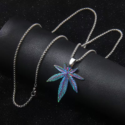 Rainbow cannabis leaf pendant necklace with iridescent finish on stainless steel chain