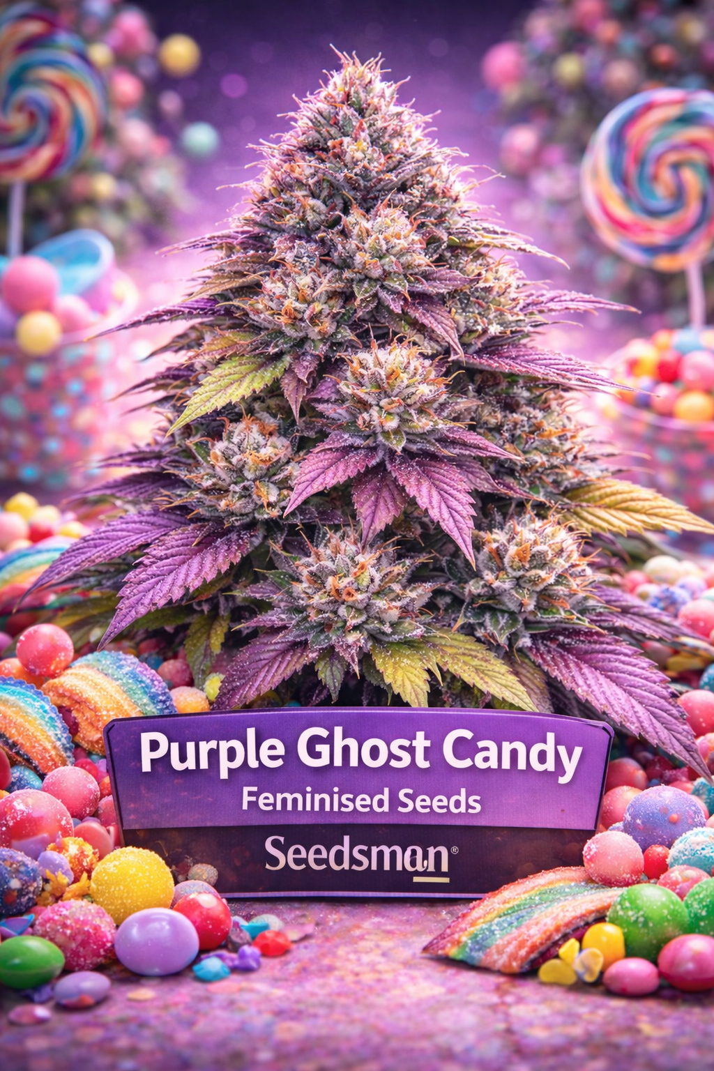 Purple Ghost Candy Feminised cannabis plant by Seedsman, shown as a dense purple-toned hybrid with resinous buds, orange pistils and frosty trichomes, surrounded by colourful candy pieces and lollipops in a bright, playful theme, with a clean purple banner displaying the strain name, “Feminised Seeds,” and Seedsman branding.