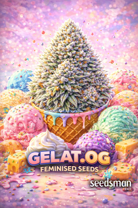 Hyper-realistic promotional image of a large frosty Gelat.OG cannabis bud presented like an ice cream scoop in a waffle cone, surrounded by colourful gelato scoops, sprinkles, melting glaze, and dessert textures. A pastel rainbow background enhances the sweet gelato theme. Bold “Gelat.OG Feminised Seeds” text appears at the bottom with the Seedsman logo.