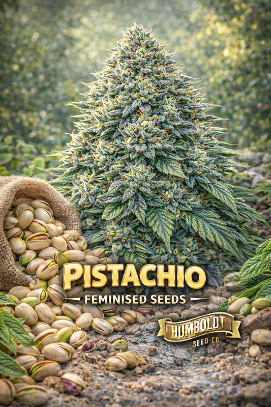 Pistachio Feminised Seeds by Humboldt Seed Co – hyper-realistic frosty green cannabis plant with dense buds and orange pistils, surrounded by scattered pistachios spilling from a burlap sack, set in a warm sunlit outdoor scene; bold PISTACHIO text centred at the bottom with the Humboldt Seed Co logo underneath