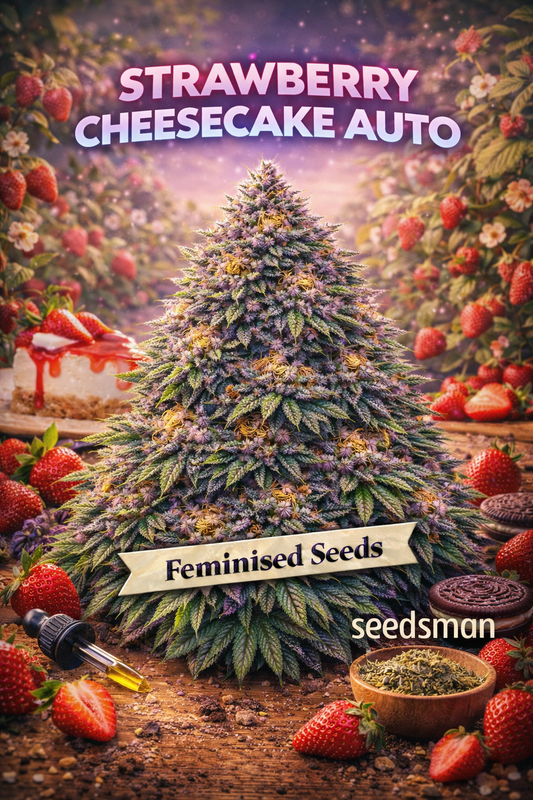 Hyper-realistic promotional artwork of “Strawberry Cheesecake Auto Feminised Seeds – Seedsman,” featuring a dense cannabis plant with purple-green buds, natural leaf texture, frosty trichomes, and bright orange pistils. The scene includes fresh strawberries, strawberry cheesecake slices with dripping sauce, a rustic wooden surface, and soft-focus strawberry plants in the background. Bold pink “Strawberry Cheesecake Auto” text appears at the top, with a “Feminised Seeds” banner and the Seedsman logo at the b