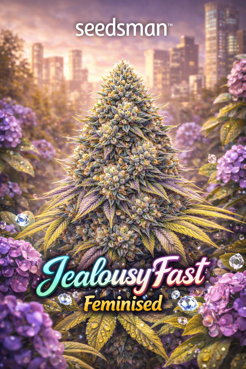 Jealousy Fast Feminised cannabis plant promotional artwork with frosty colourful buds, luxury garden and mansion background, Seedsman logo, and bold gradient strain name at the bottom