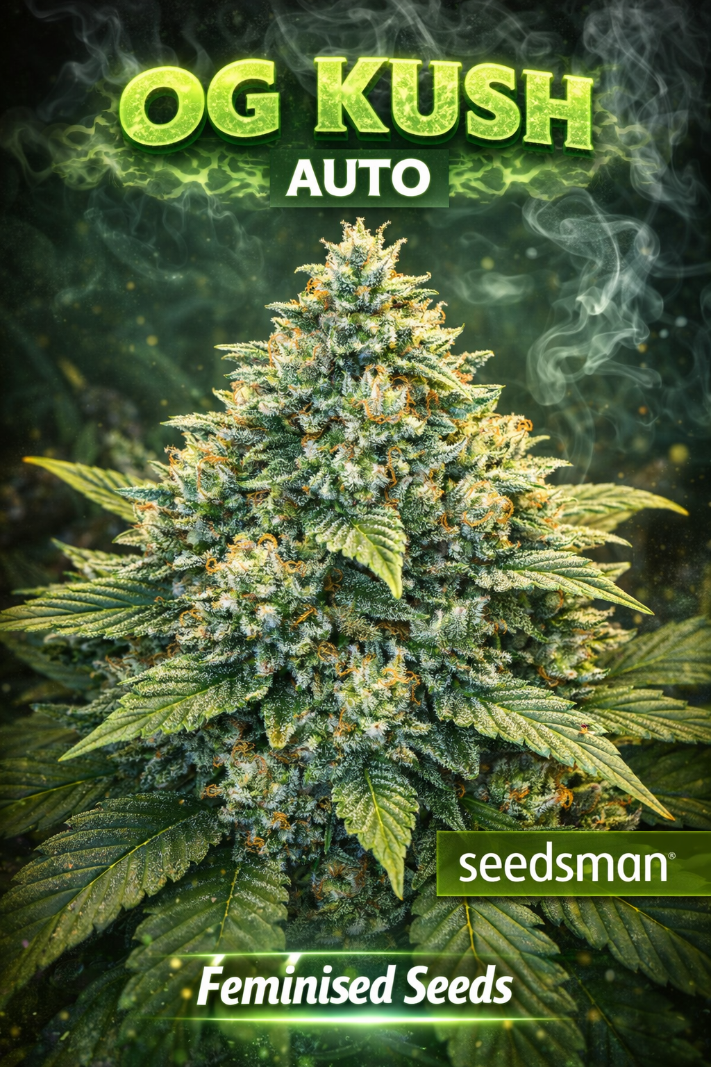 Hyper-realistic OG Kush Auto Feminised cannabis plant with dense resin-coated buds, bright green foliage, smoky dark background, and “OG Kush Auto – Feminised Seeds – Seedsman” branding in a bold neon style.