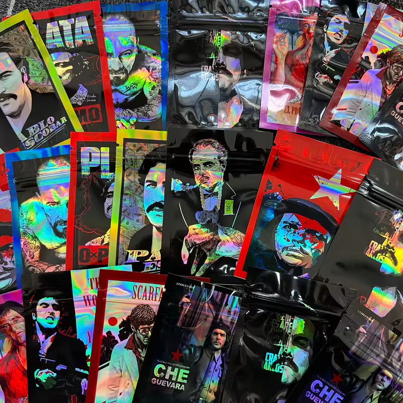 Collection of colorful trading cards featuring various portraits and text.