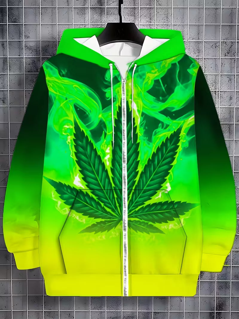 3 Bright green cannabis leaf zip hoodie with bold gradient streetwear design