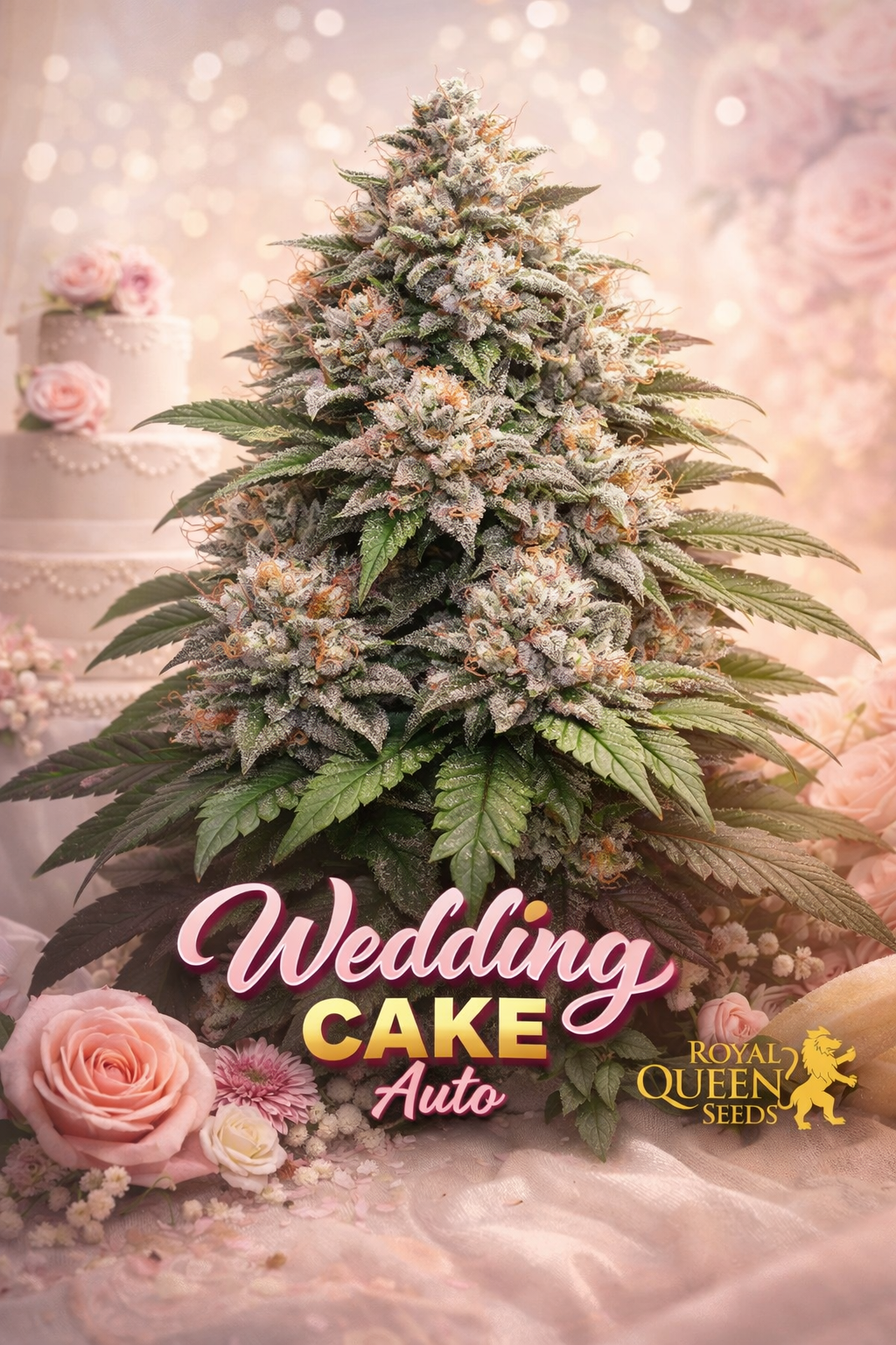 wedding cake auto cannabis plant with dense frosty buds, soft pastel wedding background, roses and white cake decor, royal queen seeds logo in corner