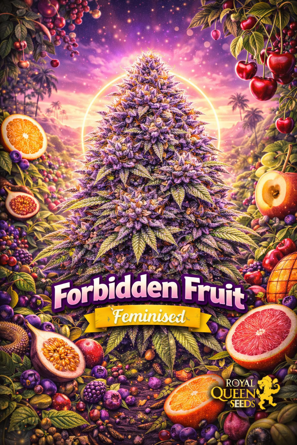 Forbidden Fruit Feminised cannabis plant in a vibrant tropical promo scene with purple buds, glowing sky, mixed fruits, and Royal Queen Seeds branding.