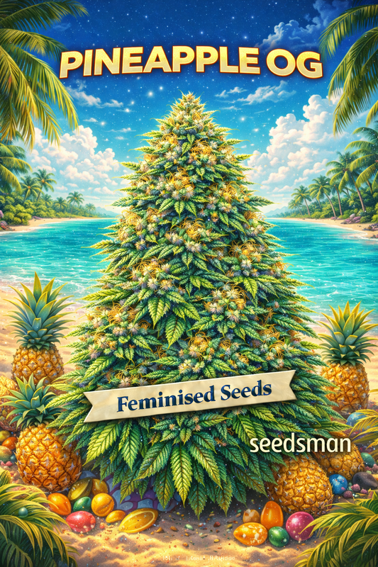 Hyper-realistic promotional artwork of “Pineapple OG Feminised Seeds – Seedsman,” featuring a dense cannabis plant with bright green foliage, thick frosty trichomes, and vibrant orange pistils. The background is a tropical beach scene with turquoise water, palm trees, blue skies, and multiple fresh pineapples surrounding the plant. Bold golden “Pineapple OG” text, a “Feminised Seeds” banner, and the Seedsman logo appear on the image. No grow equipment shown.
