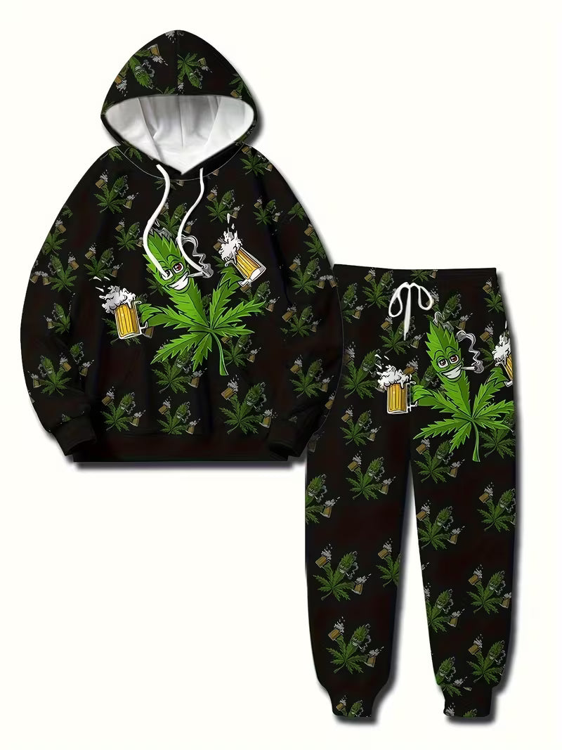 Funny cartoon cannabis leaf beer tracksuit worn as black streetwear set in the UK with matching hoodie and joggers 3