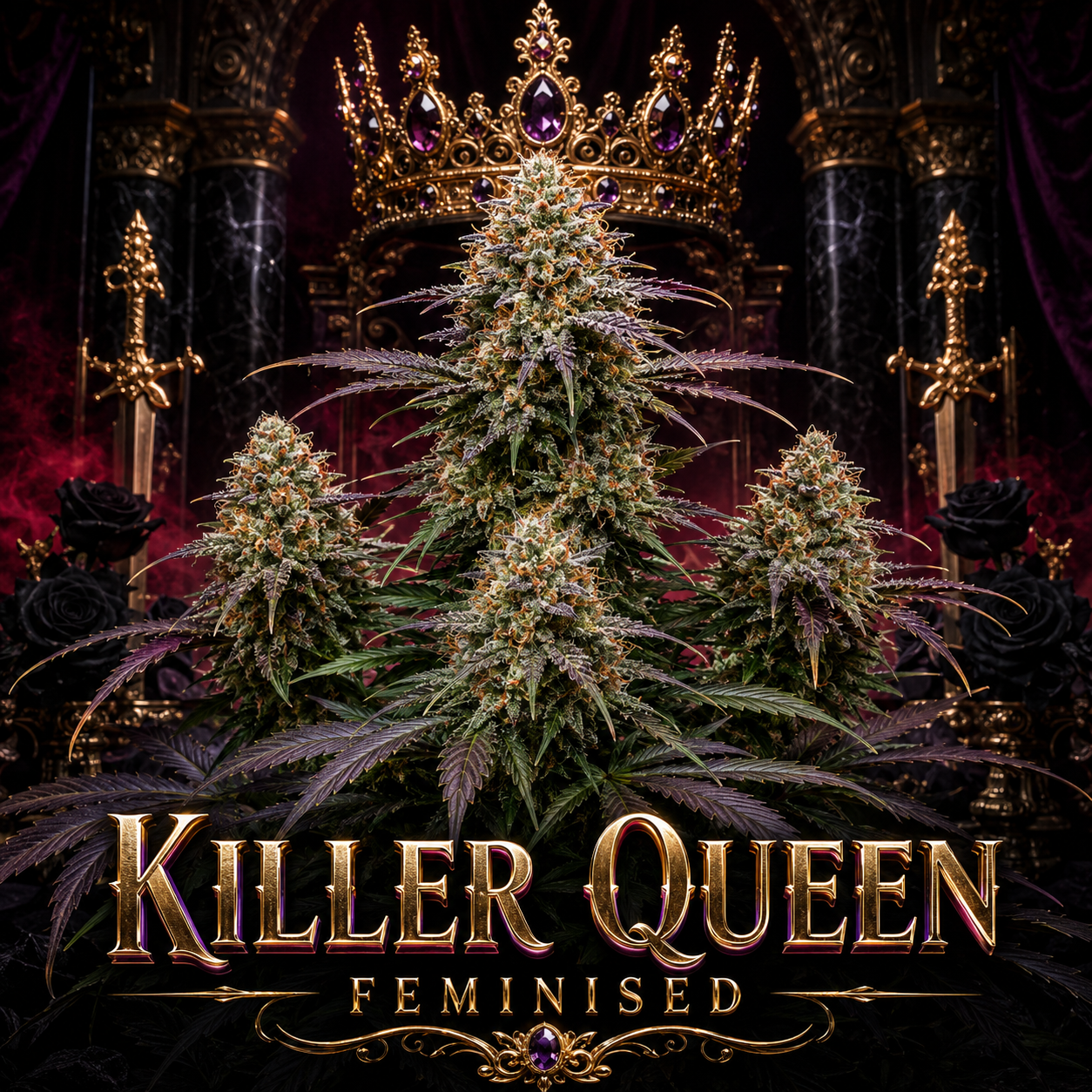 Three feminized cannabis plants with dense buds, purple bracts, and green leaves, arranged in front of an ornate golden crown and dark gothic backdrop. The text 'KILLER QUEEN FEMINISED' appears at the bottom in gold lettering.
