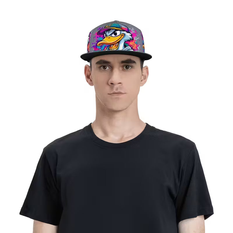 Person wearing a colorful cap with a cartoon character design on a white background