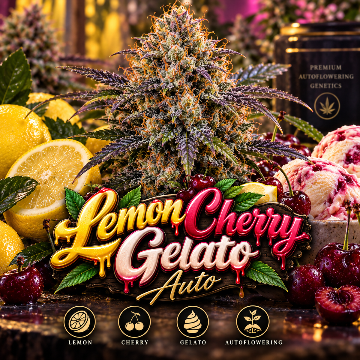 Lemon Cherry Gelato Auto Feminised Seeds strain image with cannabis flower, lemons, cherries and gelato