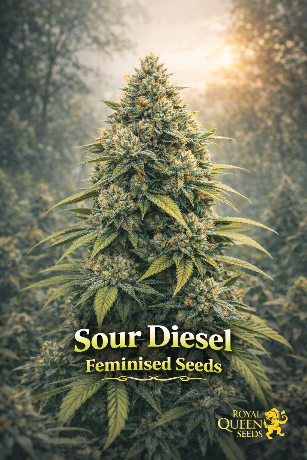 Sour Diesel Feminised cannabis plant with frosty dense buds in a misty forest sunrise setting, featuring bold strain name and Royal Queen Seeds logo.