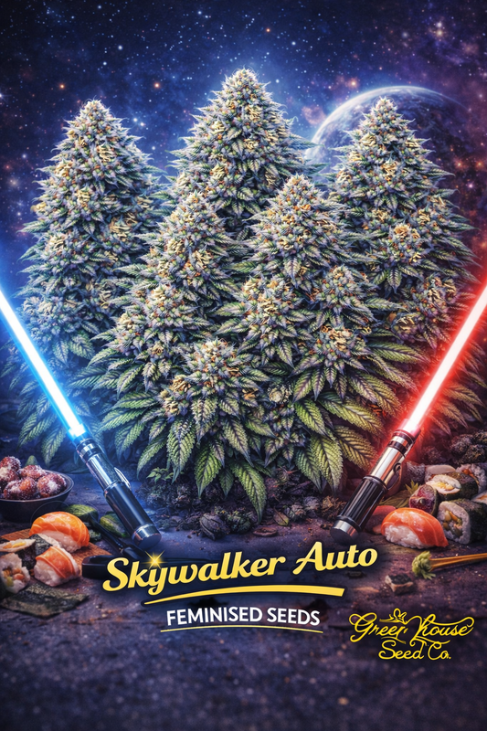 A realistic Skywalker Auto cannabis plant cluster set against a space backdrop with glowing blue and red lightsabers, with the strain name and Greenhouse Seed Co. logo visible.