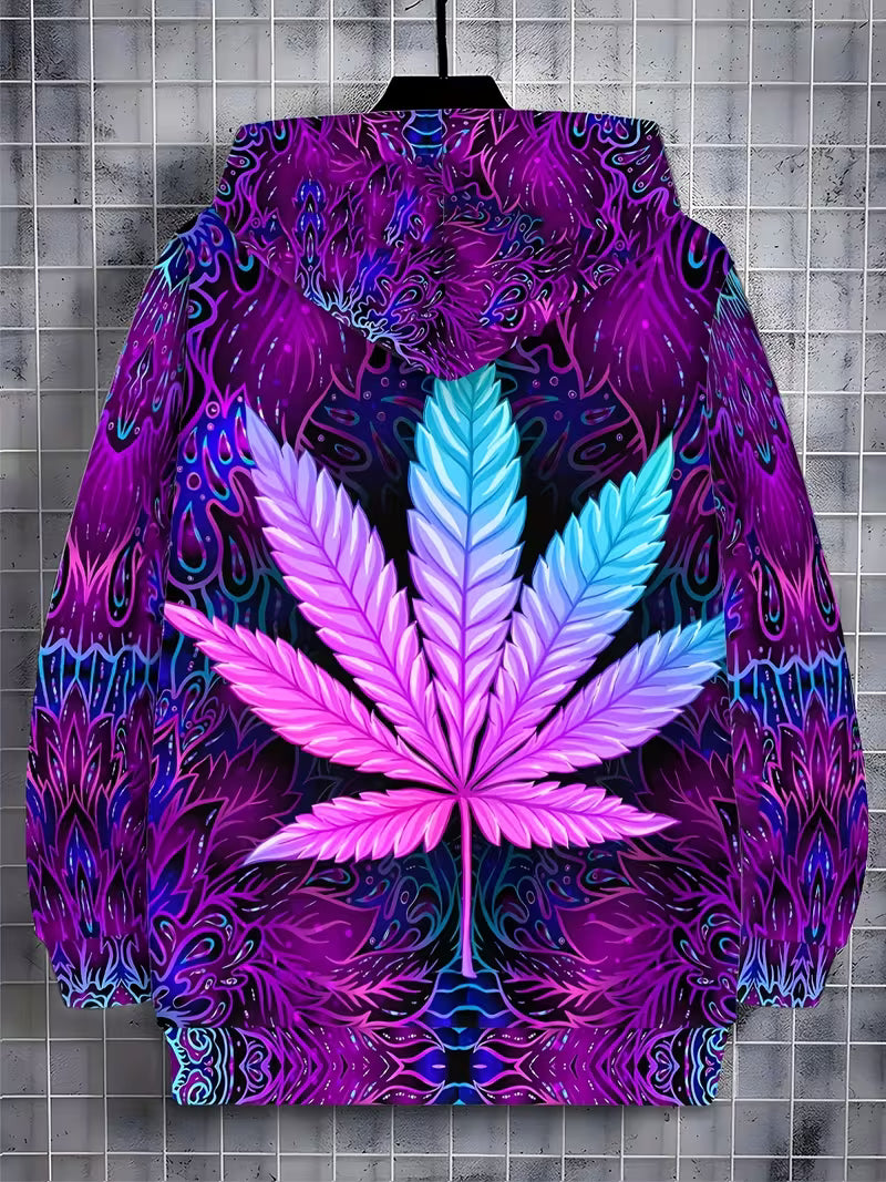 2 Psychedelic purple and blue cannabis leaf zip hoodie with neon abstract pattern