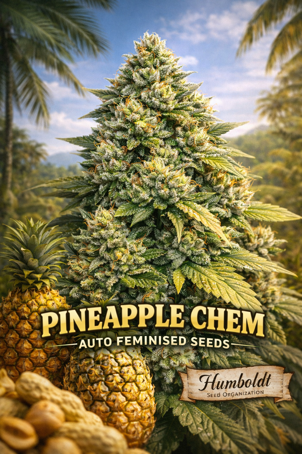 Hyper-realistic Pineapple Chem Auto cannabis plant artwork with dense frosty buds, bright green leaves, tropical background with palm trees, ripe pineapples in foreground, strain name ‘Pineapple Chem Auto Feminised Seeds’ and Humboldt Seed Organization logo at bottom