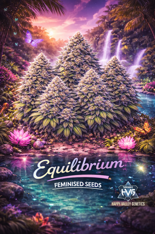 A realistic Equilibrium cannabis plant cluster set in a vibrant tropical paradise with waterfalls, lotus flowers, and butterflies, with the strain name and Happy Valley Genetics logo visible.
