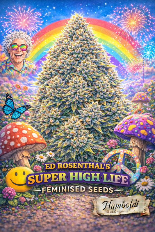 Hyper-realistic Ed Rosenthal’s Super High Life cannabis plant artwork with vibrant rainbow colours, fireworks, psychedelic mushrooms, peace symbol, smiley face and bright floral meadow, cartoon-style Ed Rosenthal portrait, strain name Super High Life Feminised Seeds and Humboldt Seed Co. logo at bottom.