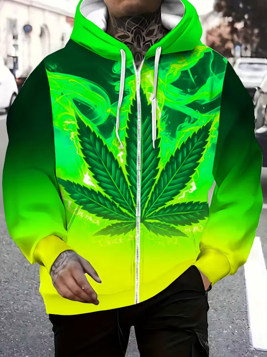 1 Bright green cannabis leaf zip hoodie with bold gradient streetwear design