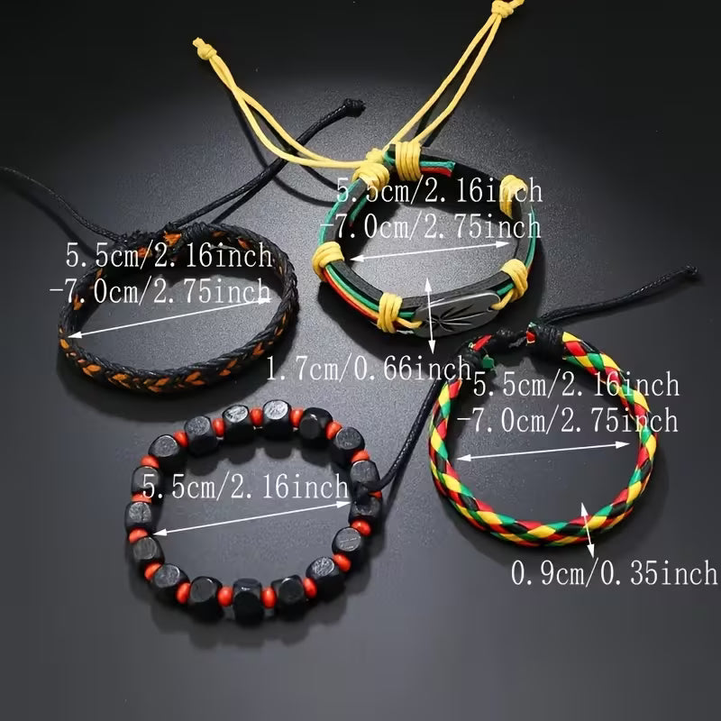 Men’s red yellow green cannabis leaf rasta bracelet set with woven and beaded designs