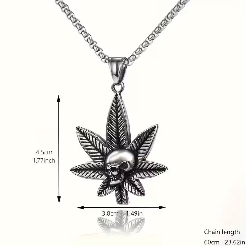Silver cannabis leaf skull pendant necklace with engraved leaf detailing