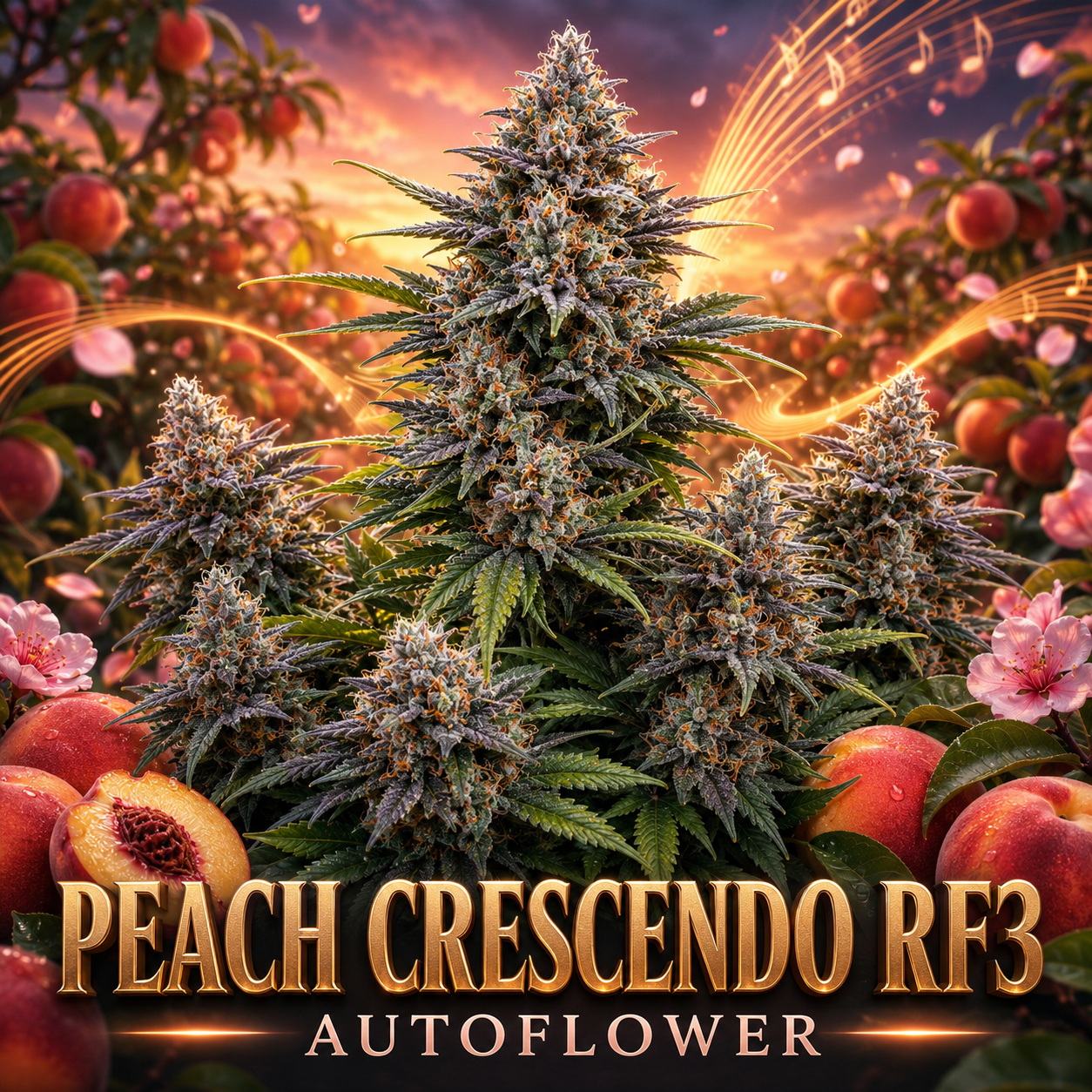 A stylized promotional graphic for a cannabis autoflower variety labeled 'PEACH CRESCENDO RF3 AUTOFLOWER.' The center shows several large, frosty green and purple cannabis buds surrounded by peach and pink flowers, with a warm sunset sky and glowing light effects in the background.