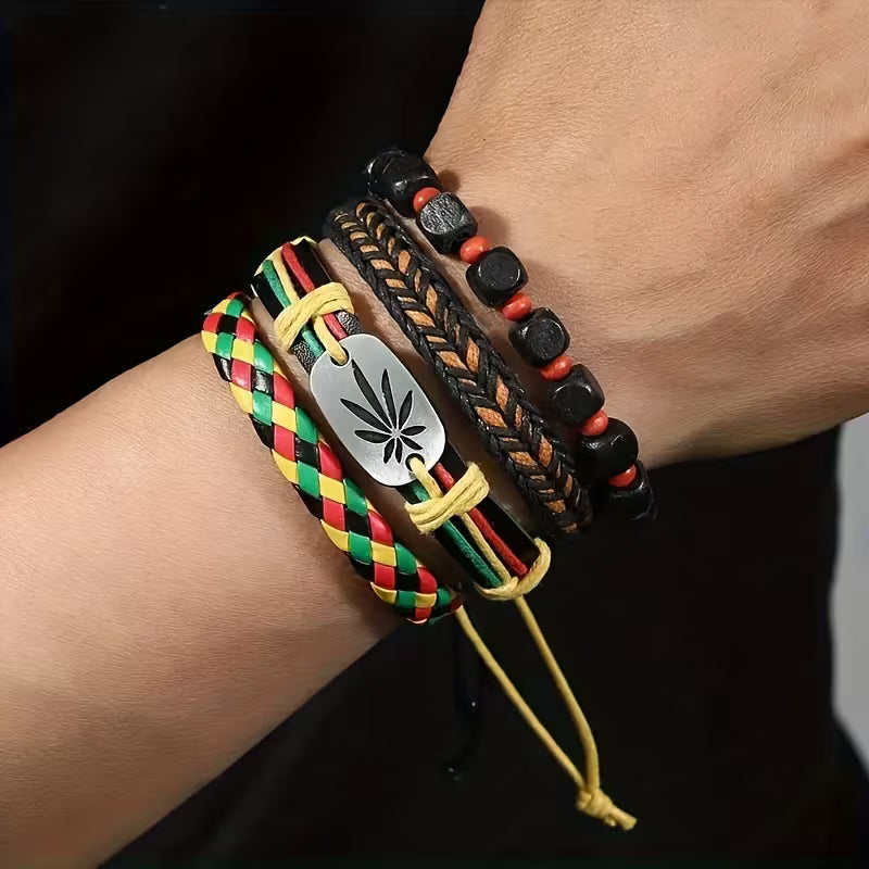 Men’s red yellow green cannabis leaf rasta bracelet set with woven and beaded designs