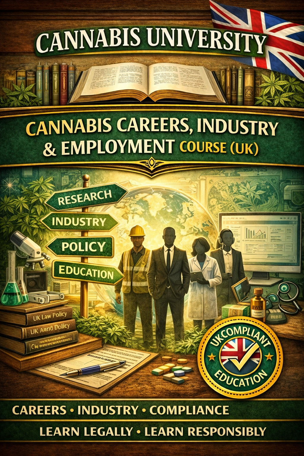 Cannabis University UK educational course promotional image showing scientific research visuals, cannabis plant analysis, academic design elements and a UK-compliant education badge representing advanced cannabis education and training.