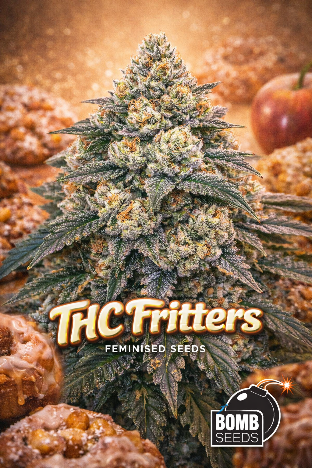 THC Fritters cannabis plant artwork with dense, frosty buds in green, purple, and orange tones, set against a warm pastry-themed background featuring apple fritters. Large glazed-style “THC Fritters Feminised Seeds” text appears at the bottom, with the Bomb Seeds logo in the lower right corner.