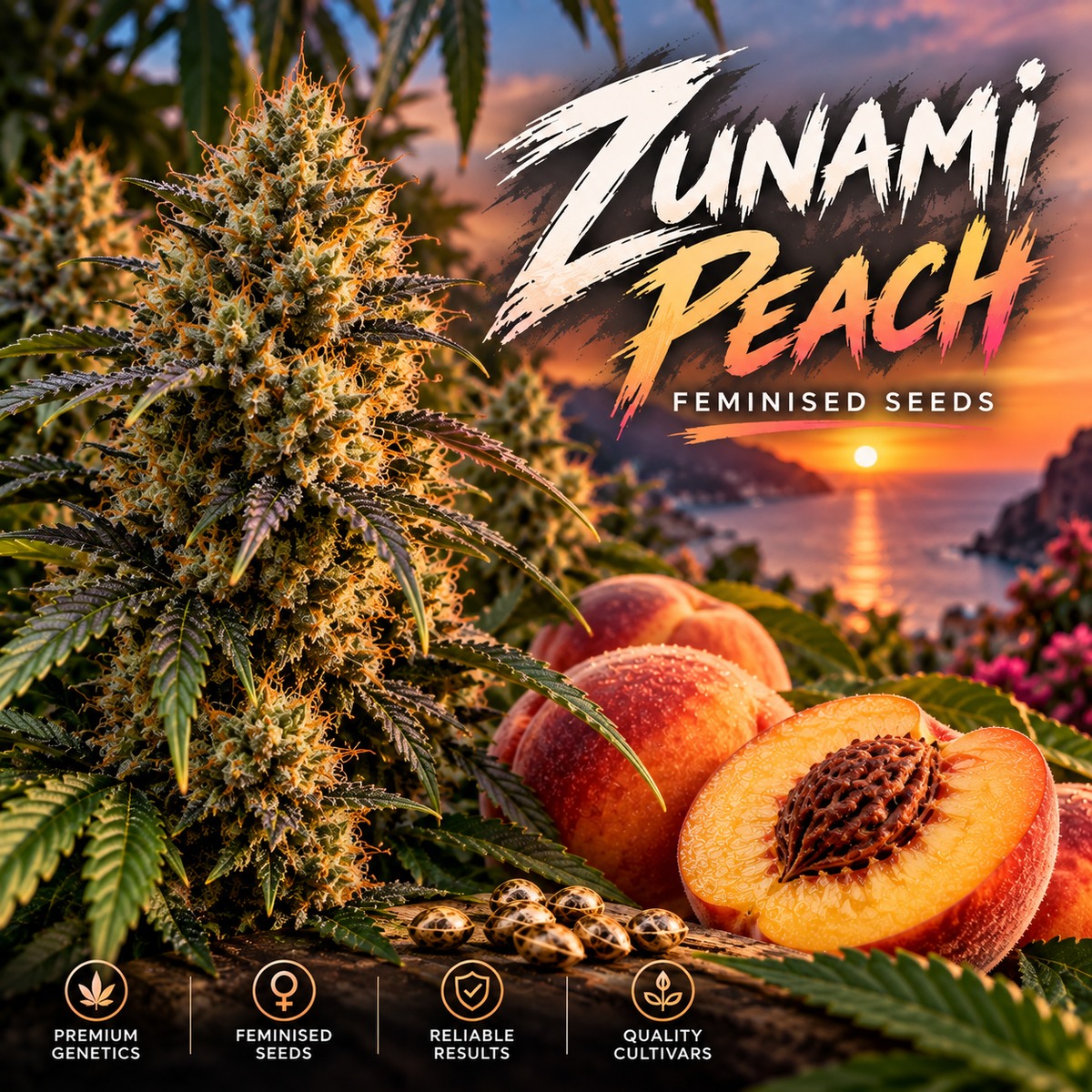 Zunami Peach Feminised Seeds with ripe peaches, cannabis flowers and seeds against a vibrant tropical sunset backdrop.