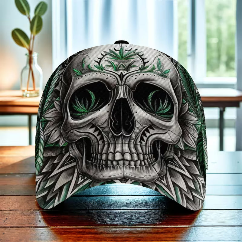 Skull and cannabis leaf geometric print adjustable baseball cap with detailed line art design