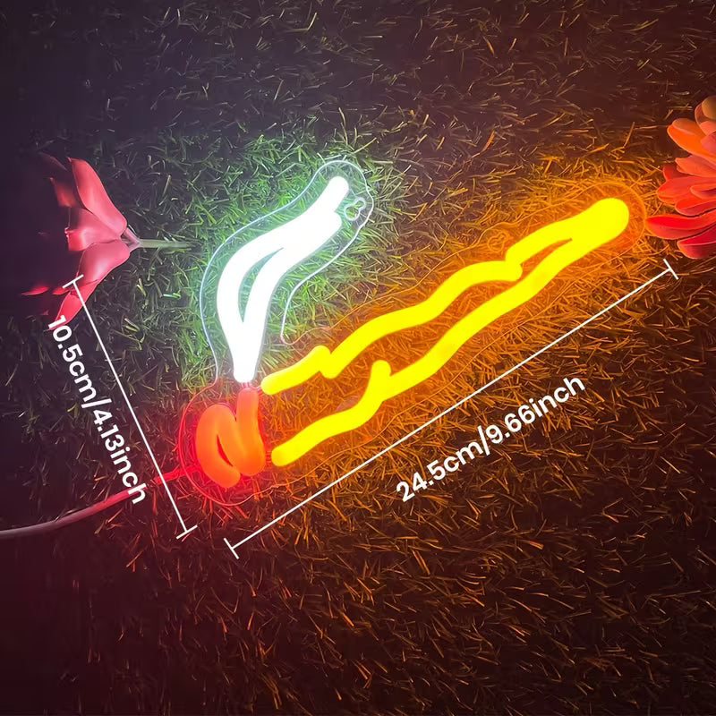 Neon light display with measurements on a dark background