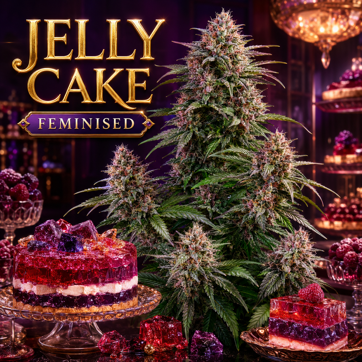 A promotional graphic for 'Jelly Cake Feminised' showing several large green cannabis plants alongside two layered jelly cakes decorated with berries and red gel pieces, with the text 'JELLY CAKE' and 'FEMINISED' in the upper left on a dark purple background.