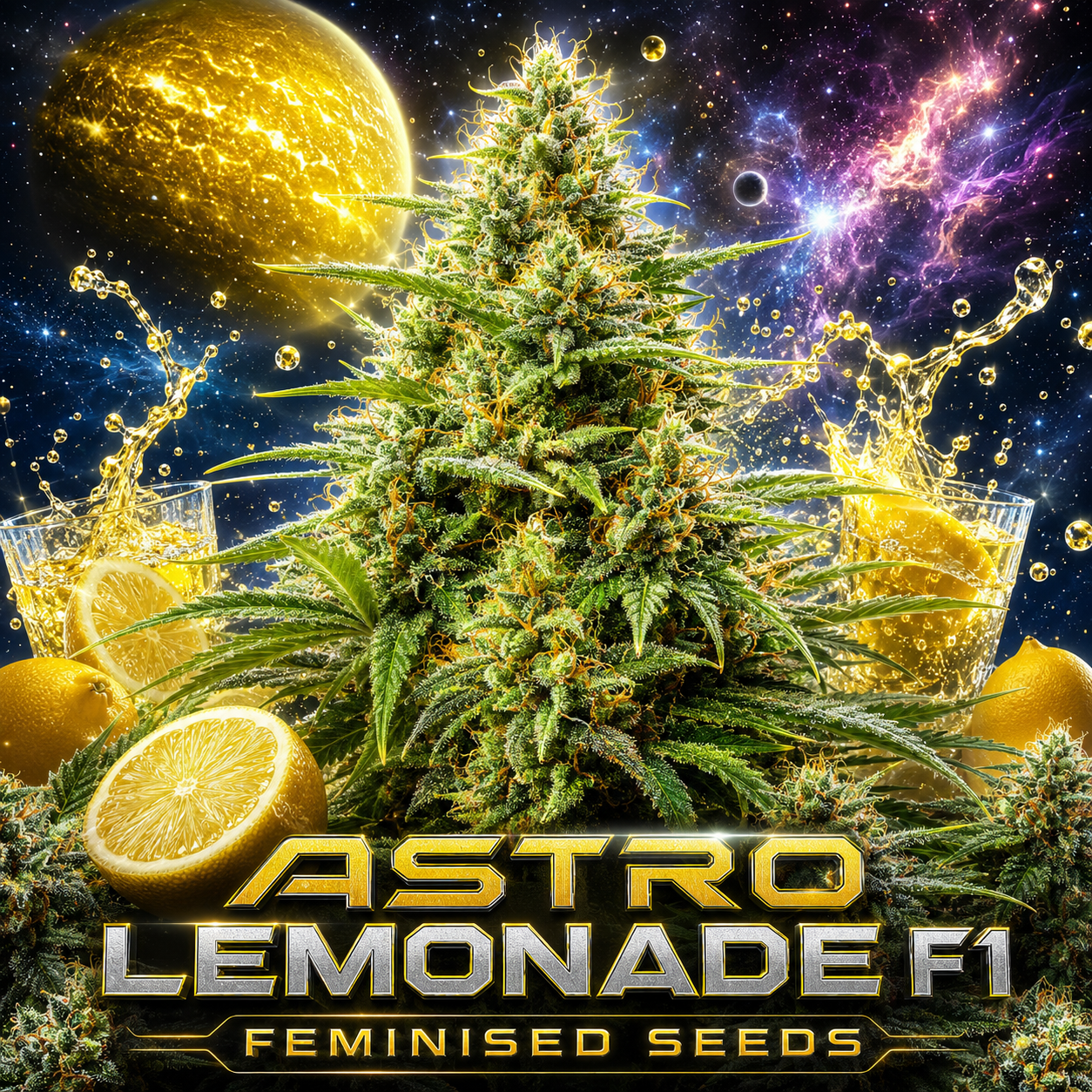 Promotional graphic for 'ASTRO LEMONADE F1' feminised seeds, featuring a large cannabis bud centered against a cosmic space background with planets and nebulae, surrounded by lemons, lemonade glasses, and text overlays.