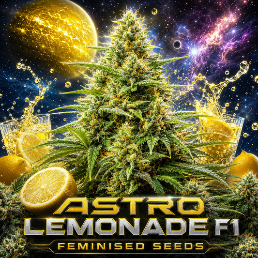 Promotional graphic for 'ASTRO LEMONADE F1' feminised seeds, featuring a large cannabis bud centered against a cosmic space background with planets and nebulae, surrounded by lemons, lemonade glasses, and text overlays.