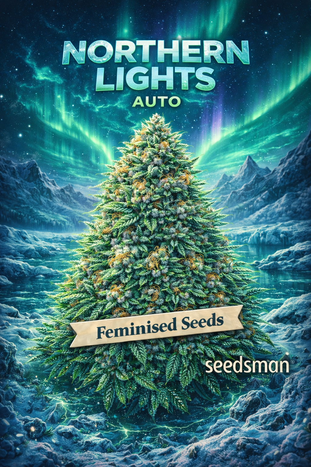 Hyper-realistic promotional artwork of “Northern Lights Auto Feminised Seeds – Seedsman,” featuring a dense, frosty cannabis plant with natural green hues, icy blue undertones, thick trichomes, and bright orange pistils. The background shows a glowing aurora borealis over frozen mountains and icy terrain. Bold metallic “Northern Lights Auto” text appears at the top, with a “Feminised Seeds” banner and the Seedsman logo at the bottom. No grow equipment shown.