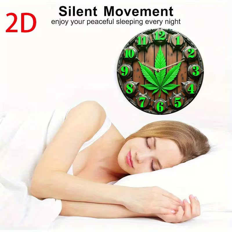 Woman sleeping with a wall clock featuring a cannabis leaf design in the corner.