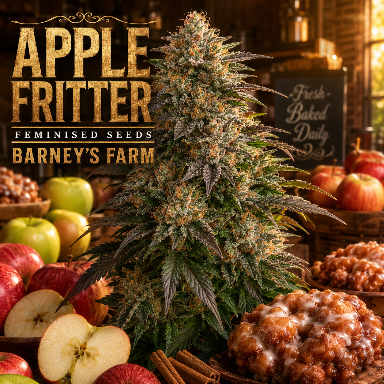 Promotional graphic for 'Apple Fritter' feminised seeds by Barney's Farm, featuring a large cannabis plant in the center surrounded by apples, cinnamon sticks, and glazed apple fritters, with bold gold text overlays.