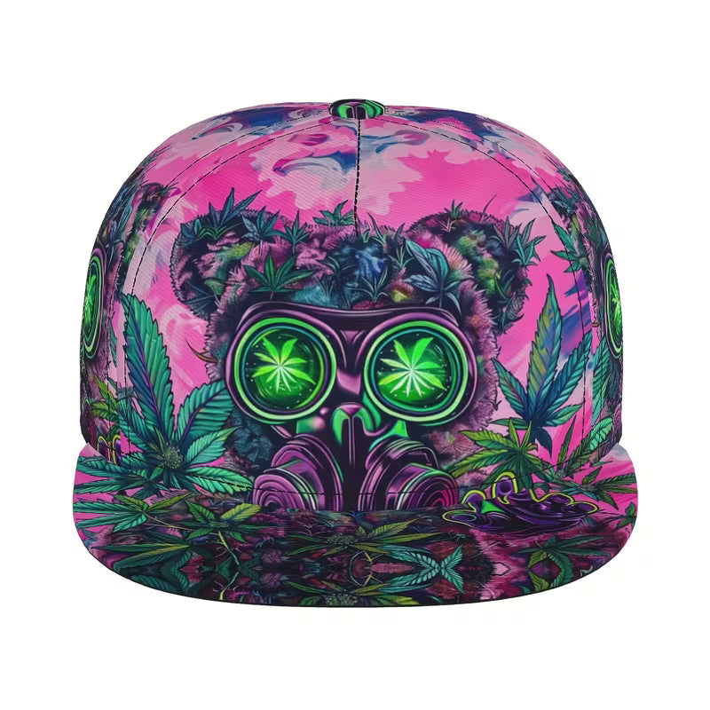 Bear and cannabis leaf graphic snapback baseball cap with colourful illustrated design