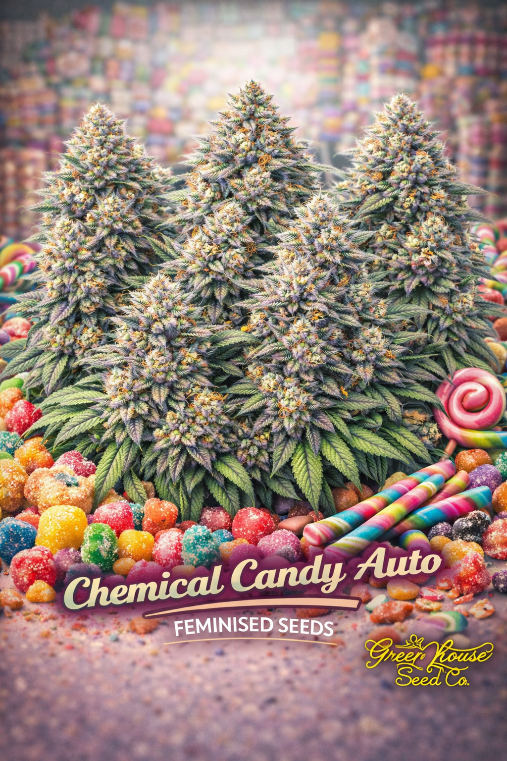 A cluster of realistic Chemical Candy Auto cannabis plants surrounded by colourful candy pieces, with the strain name and Greenhouse Seed Co. logo visible.