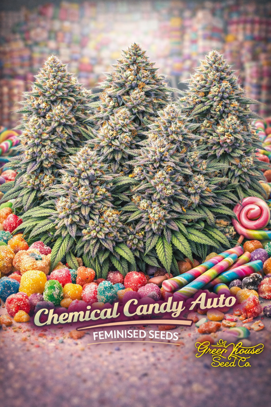 A cluster of realistic Chemical Candy Auto cannabis plants surrounded by colourful candy pieces, with the strain name and Greenhouse Seed Co. logo visible.