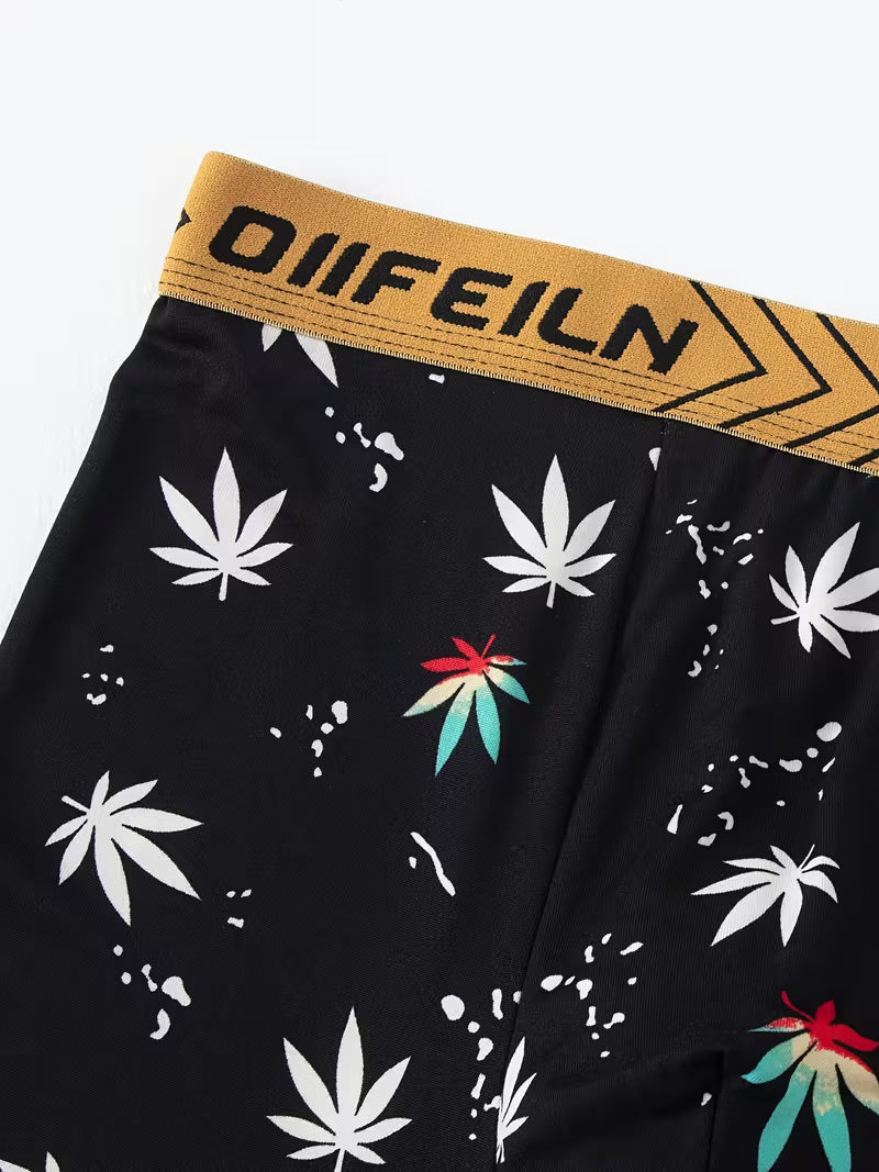 Men’s cannabis leaf print boxer briefs six-pack with assorted graphic designs